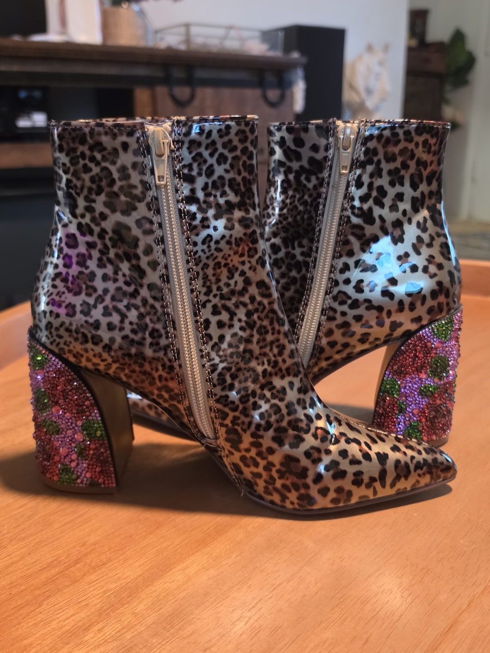 Betsey Johnson Jacky Leopard Print Ankle Boots with Beaded Pink Heel